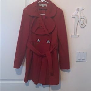 Red Tie Front Peacoat with Rhinestone Buttons